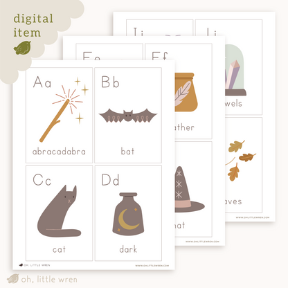 pages of abc flashcards with a halloween theme. front page shows a is for abracadabra, b is for bat, c is for cat, d is for dark.