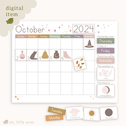 fill out-able october calendar with playful illustrations and places to put the date, year, day, weather and moon phase. includes illustrations of cat, squash, owl, hat, windy weather and more.