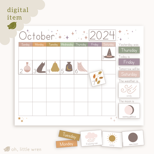 fill out-able october calendar with playful illustrations and places to put the date, year, day, weather and moon phase. includes illustrations of cat, squash, owl, hat, windy weather and more.