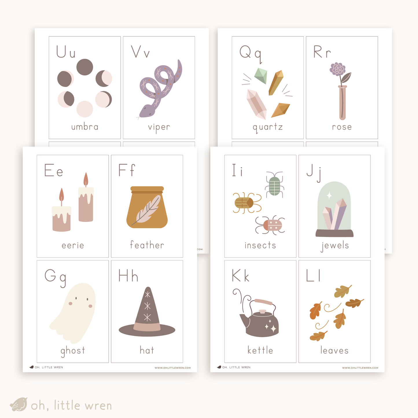pages of abc flashcards with a halloween theme. visible are u for umbra, v for viper, q for quartz, r for rose, e for eerie, f for feather, g for ghost, h for hat, i for insect, j for jewels, k for kettle and l for leaves.