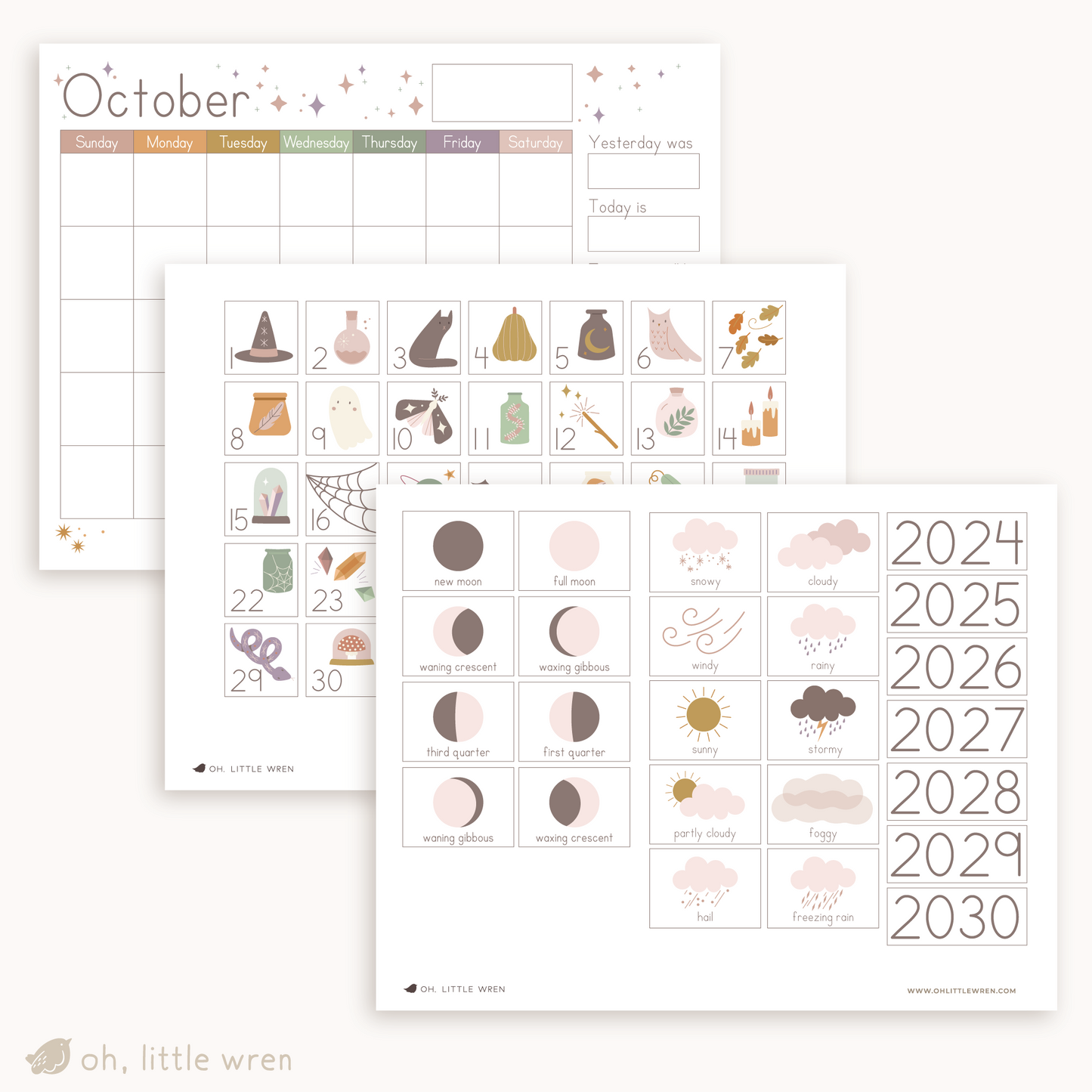 pages laid out for interactive calendar showing moon phases, weather, years, days with individual illustrations and an October calendar