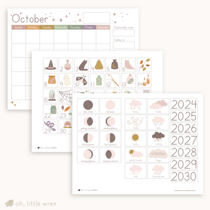 pages laid out for interactive calendar showing moon phases, weather, years, days with individual illustrations and an October calendar