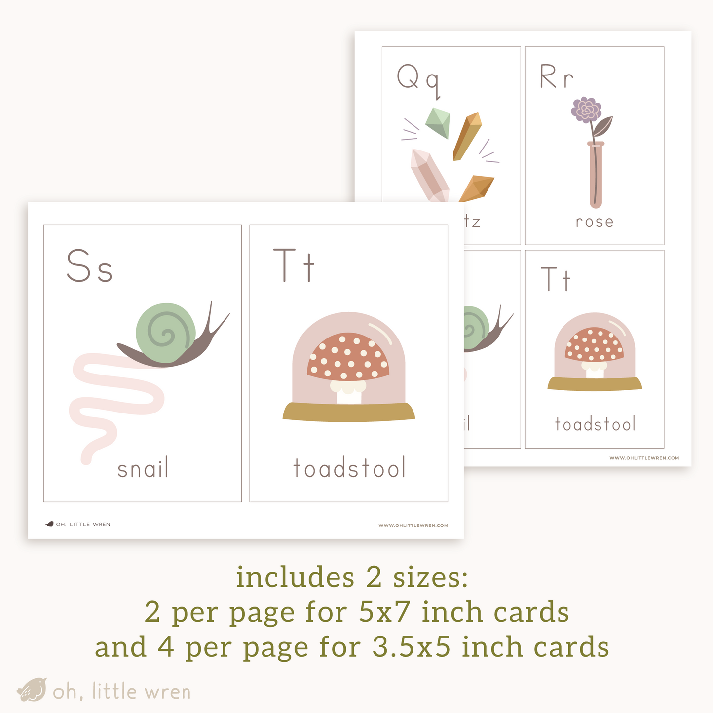 two pages are shown. of the left, two larger cards with s for snail and t for toadstool. on the right 4 smaller. text reads includes 2 sizes: 2 per page for 5x7 inch cards and 4 per page for 3.5x5 inch cards