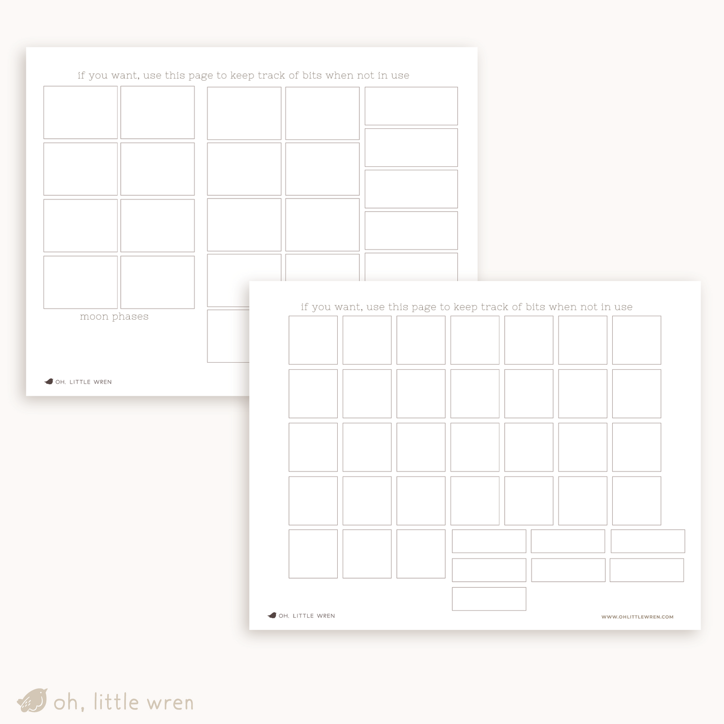 blank pages with empty boxes for organizing calendar parts when not in use.