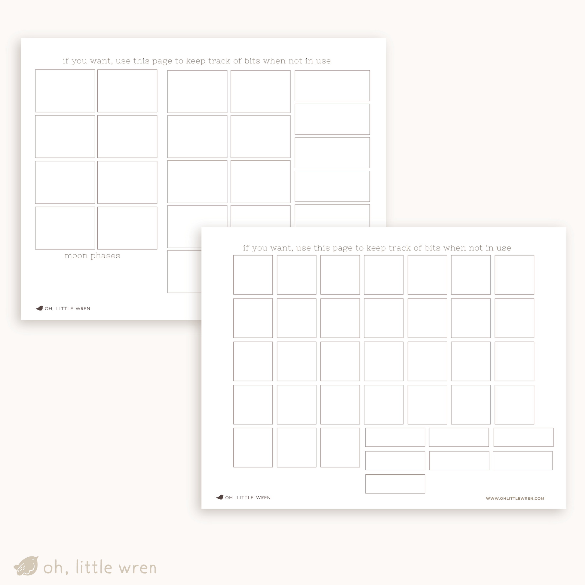 blank pages with empty boxes for organizing calendar parts when not in use.