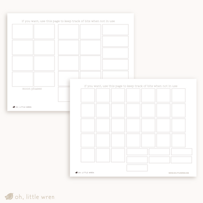 blank pages with empty boxes for organizing calendar parts when not in use.