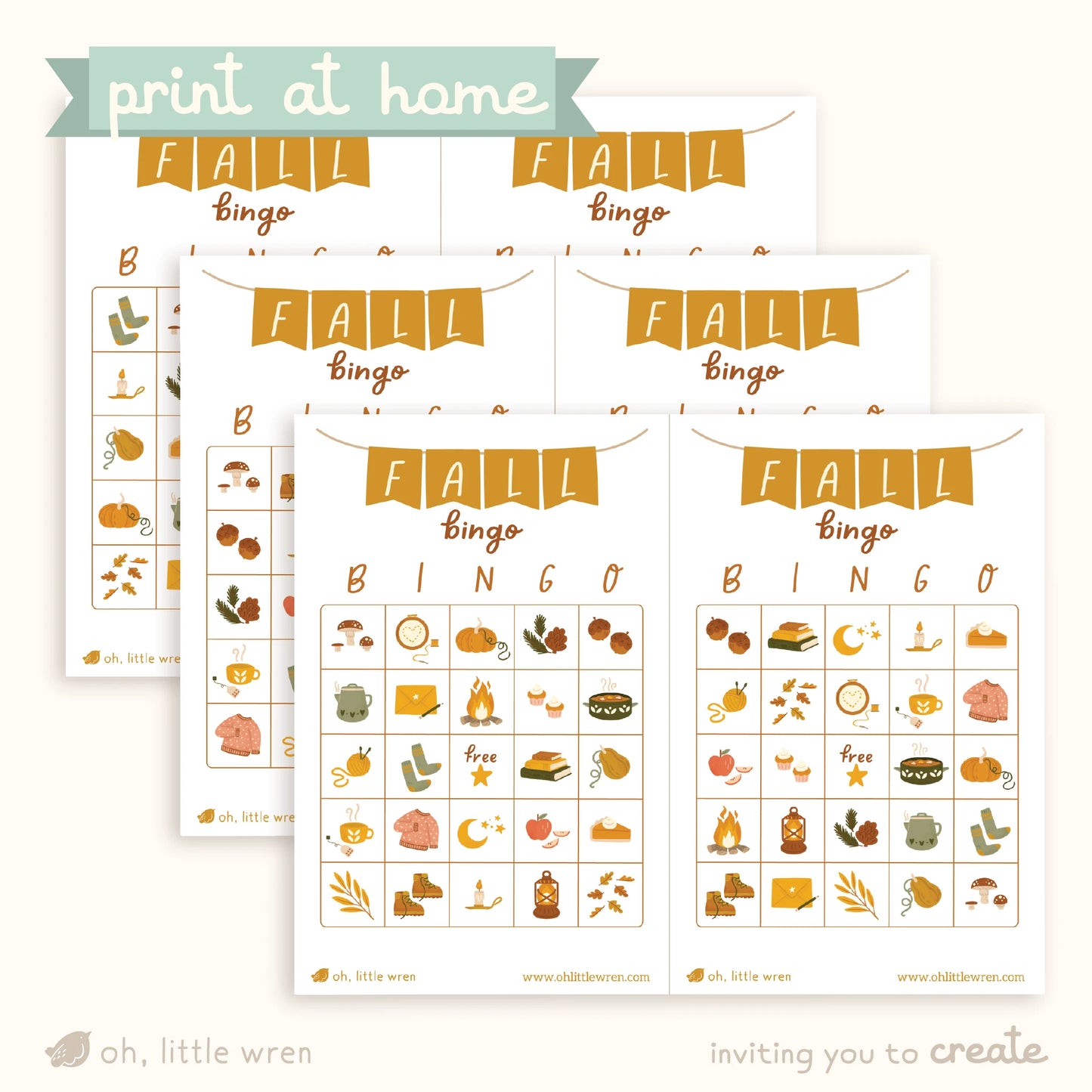 print at home fall themed bingo cards, featuring our cozy fall illustrations-like sweaters, socks, and fall leaves. shows 3 of the 25 pages included in the download.