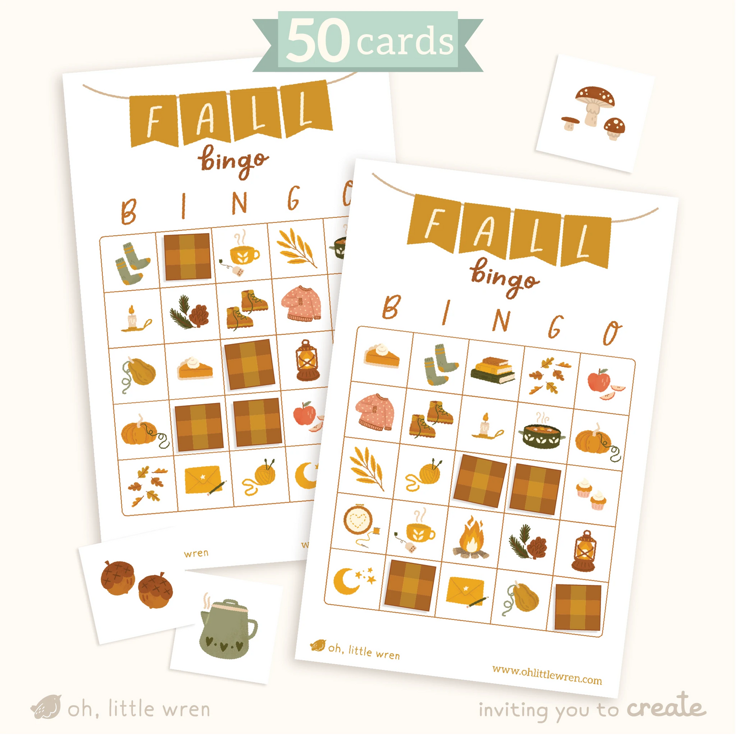 shows 2 print at home fall themed bingo cards, featuring our cozy fall illustrations-like sweaters, socks, and fall leaves. scattered calling cards show mushrooms, acorns, and a tea kettle. text reads: 50 cards.