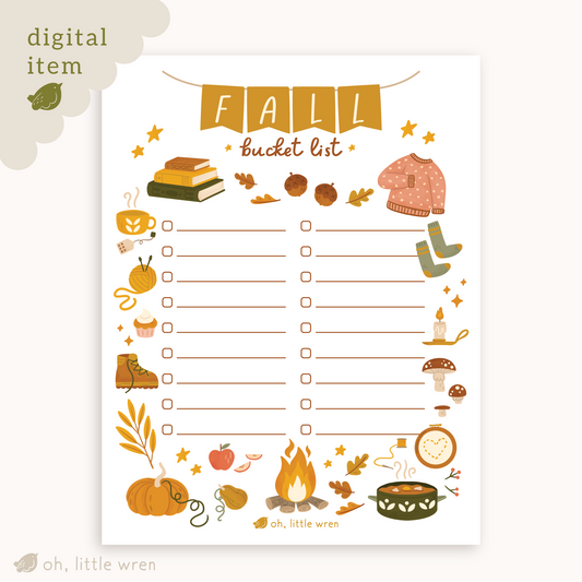 fall bucket list with fill-in-the-blank lines and check boxes surrounded by cute fall illustrations