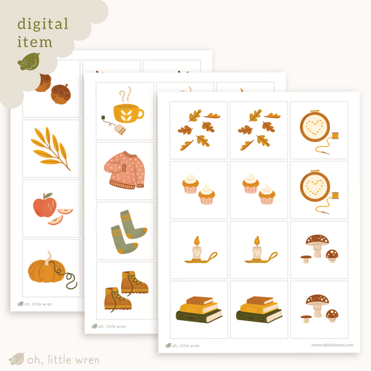 3 pages with illustrations of fall items in squares, shown mocked up on paper.