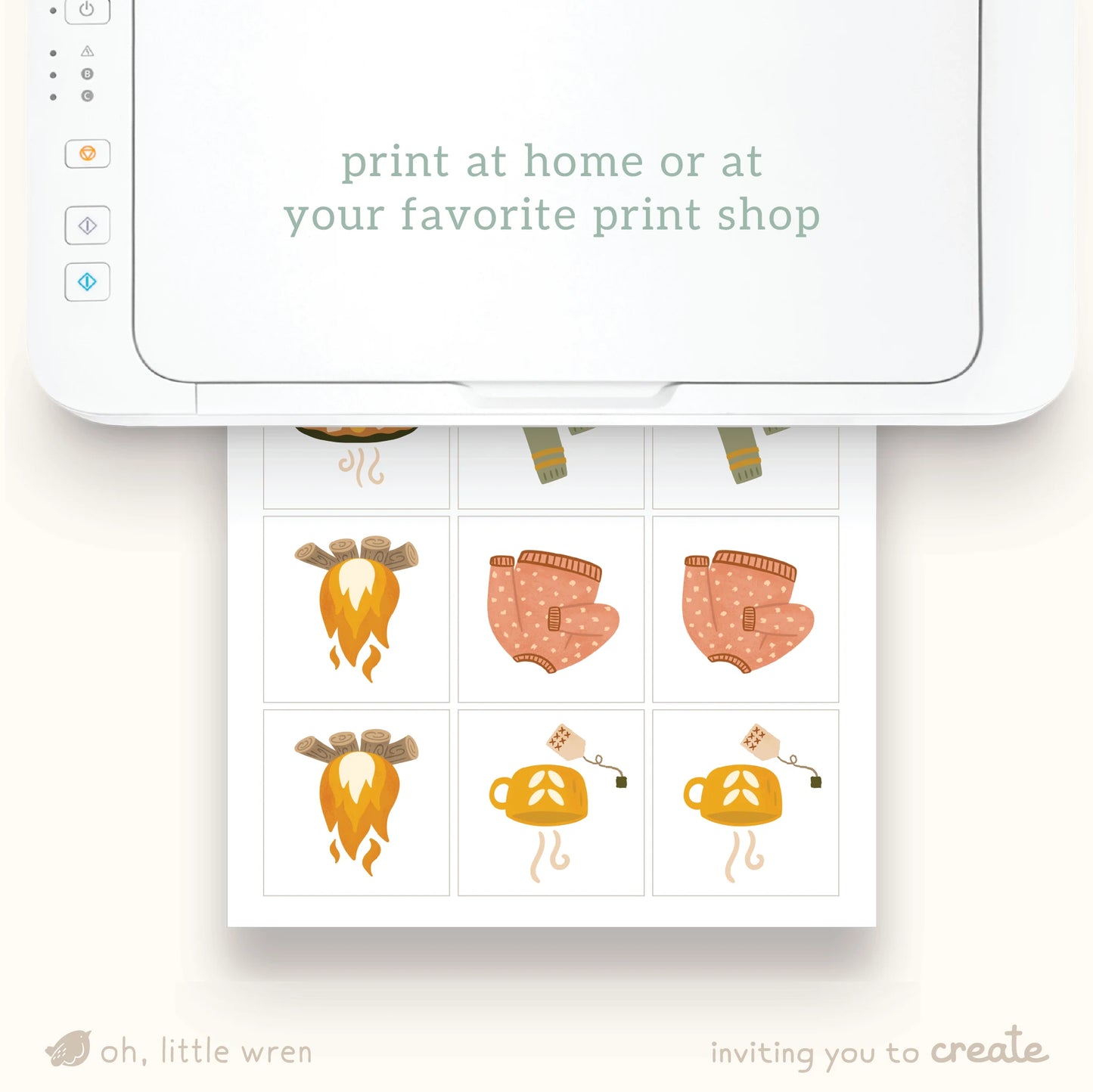 page of fall memory game matching squares being shown printed from a printer with text 'print at home or at your favorite print shop'