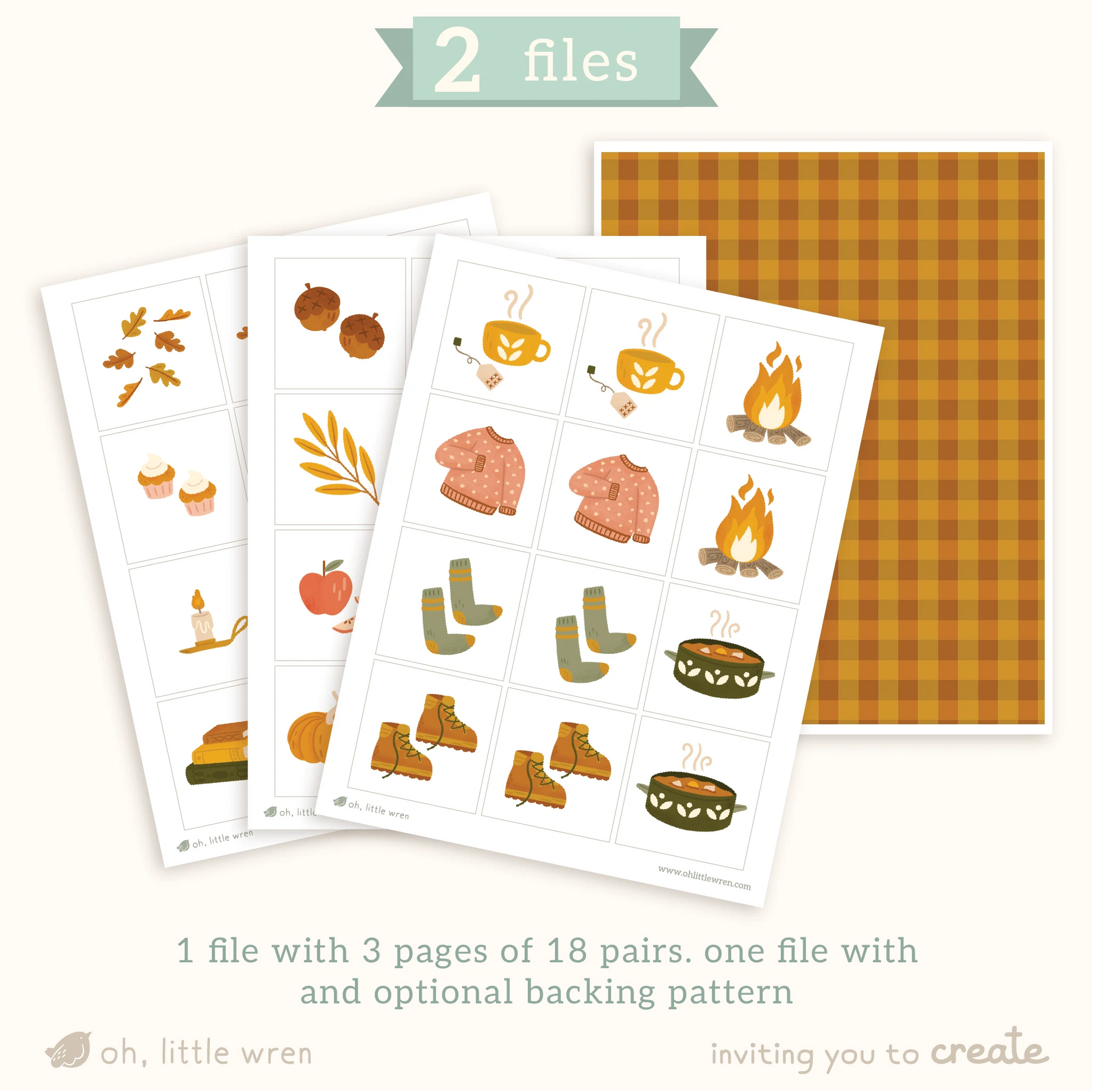 on the left 3 pages with illustrations of fall items in squares, shown mocked up on paper. on the right a page with a gingham orange and yellow pattern. text reads 2 files: 1 file with 3 pages of 18 pairs. one file with an optional backing pattern