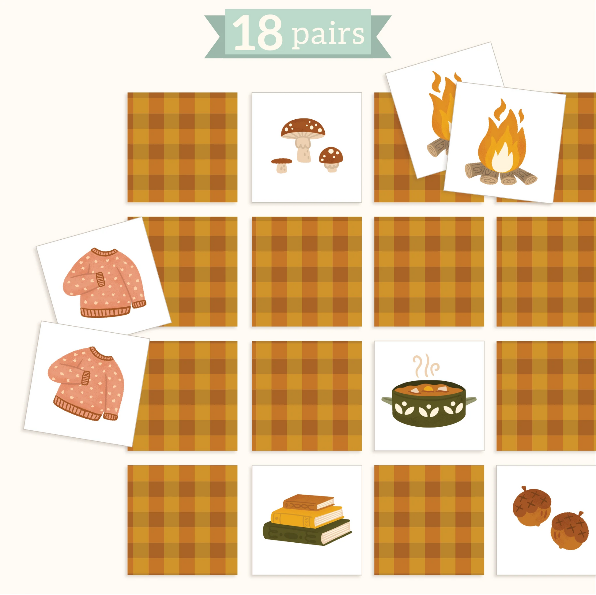 mockup of fall memory game pieces laid out--backs show a orange and yellow gingham pattern and fronts show cozy fall illustrations. text reads: 18 pairs