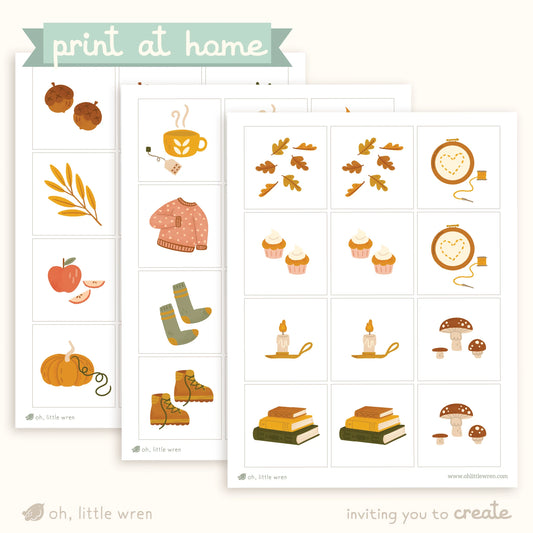 3 pages of our fall printable memory matching game with illustrations of fall items in squares, shown mocked up on paper.