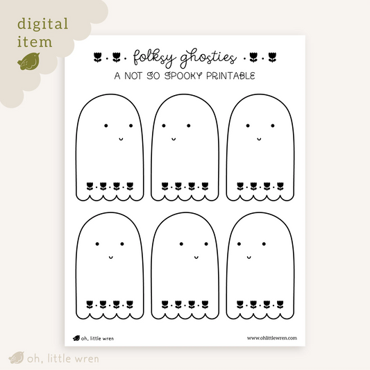 page with 6 cute ghosts with floral decorations at the bottom of each. top reads folksy ghosties, a not so spooky printable