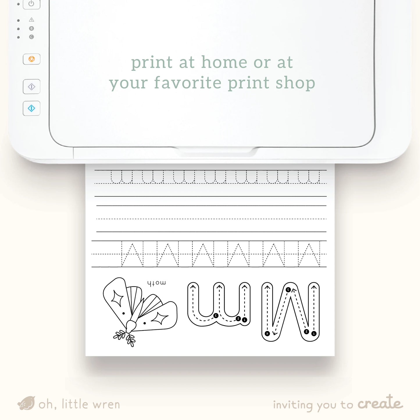 pages of halloween themed abc handwriting printable sheets, shown coming from a printer with text reading 'print at home or at your favorite print shop. page shown printing is the letter M for moth.