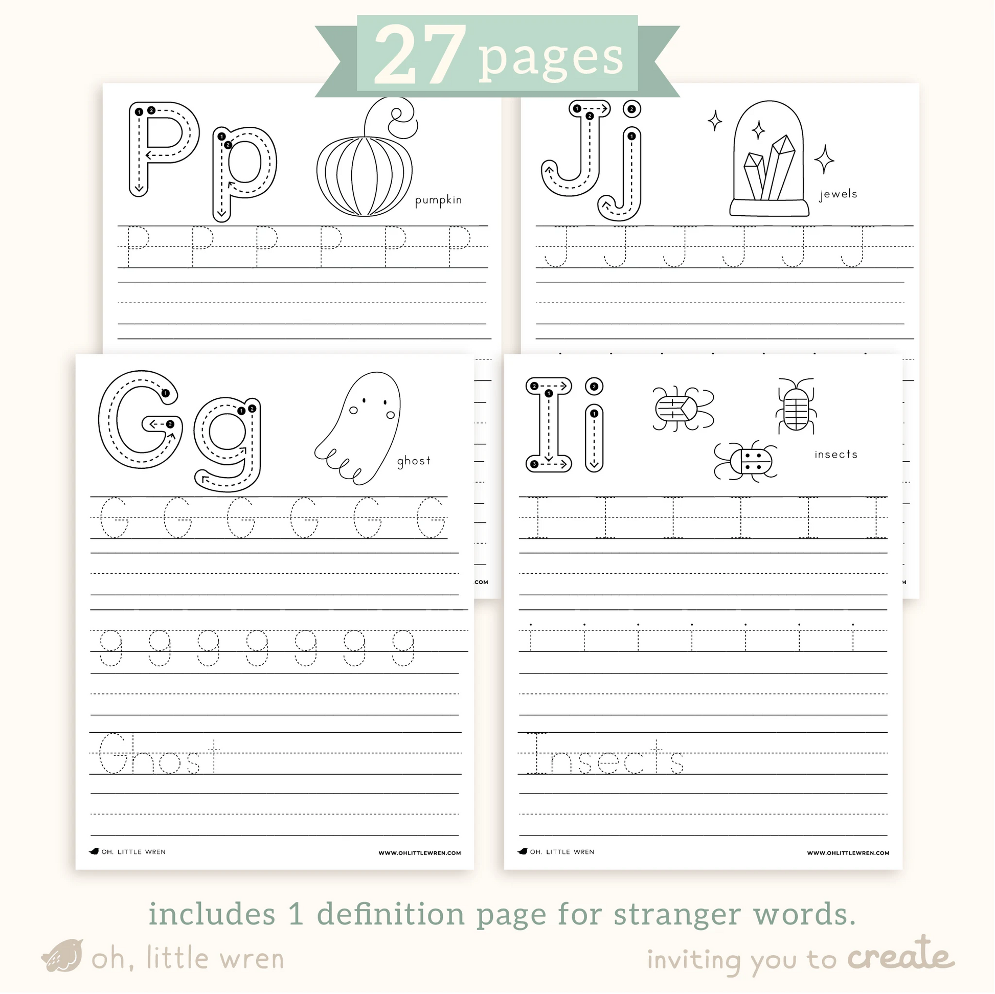 pages of halloween themed abc handwriting printable sheets, showing p for pumpkin, j for jewels, g for ghost and i for insects. text says 27 pages. inlcudes 1 definition page for stranger words.