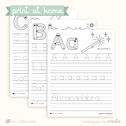 pages of halloween themed abc handwriting printable sheets, showing a for abracadabra, b for bat and c for cat.