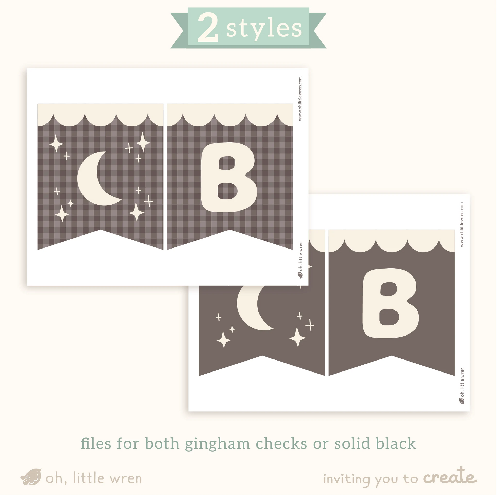 two page comparison of a gingham check background (left) and a solid black (right). text reads 2 styles: files for both gingham checks or solid black