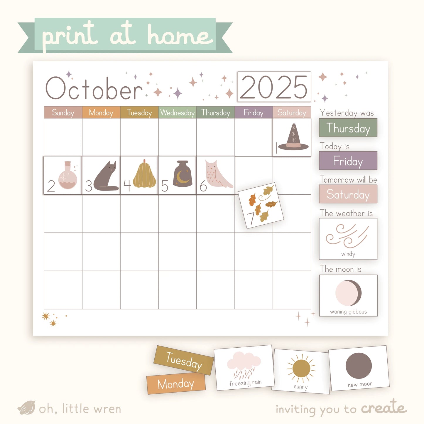 fill out-able october calendar with playful illustrations and places to put the date, year, day, weather and moon phase. includes illustrations of cat, squash, owl, hat, windy weather and more.