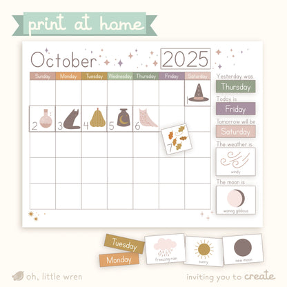 fill out-able october calendar with playful illustrations and places to put the date, year, day, weather and moon phase. includes illustrations of cat, squash, owl, hat, windy weather and more.