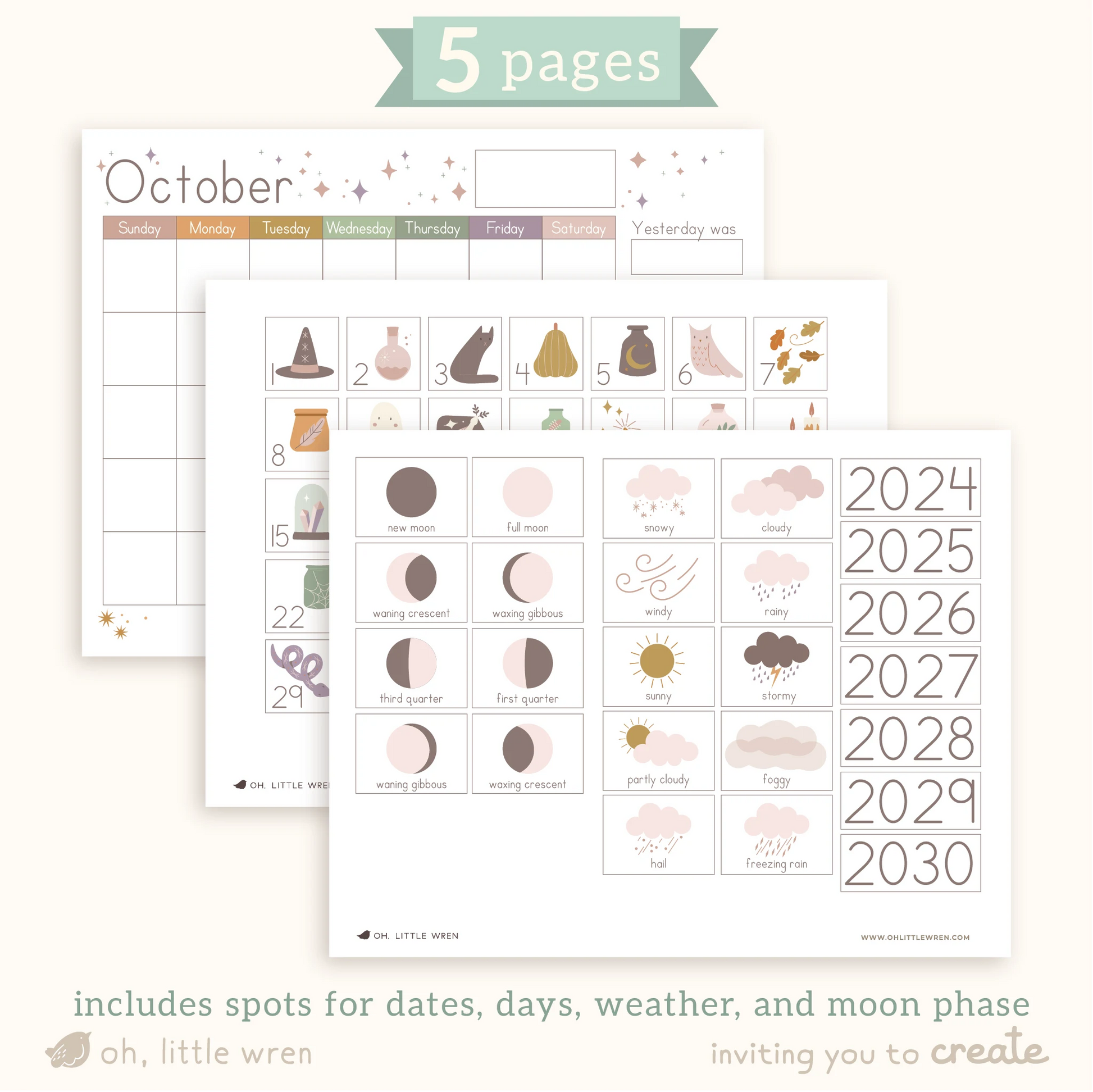 pages laid out for interactive calendar showing moon phases, weather, years, days with individual illustrations and an October calendar