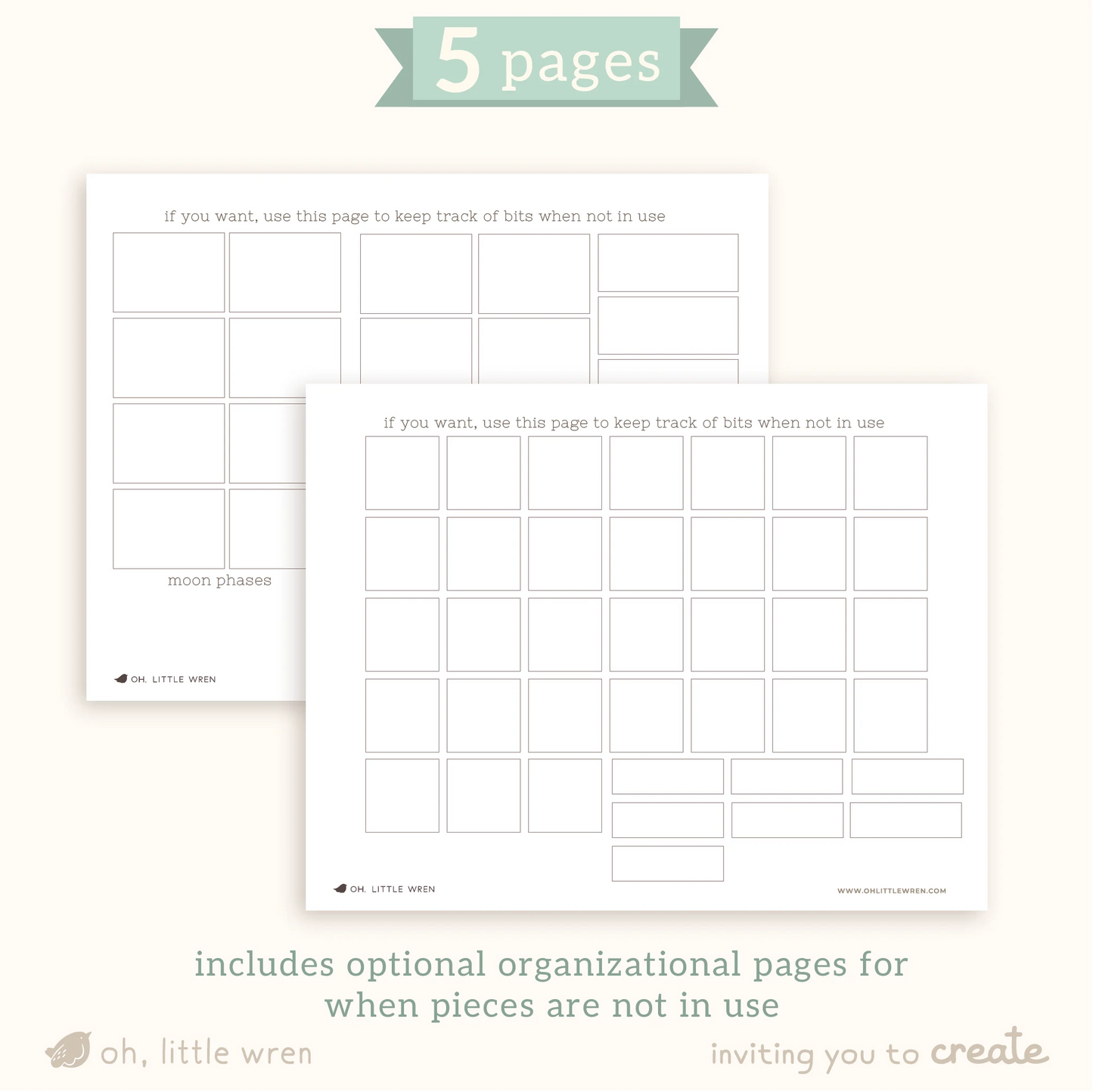 blank pages with empty boxes for organizing calendar parts when not in use.