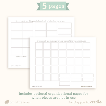 blank pages with empty boxes for organizing calendar parts when not in use.