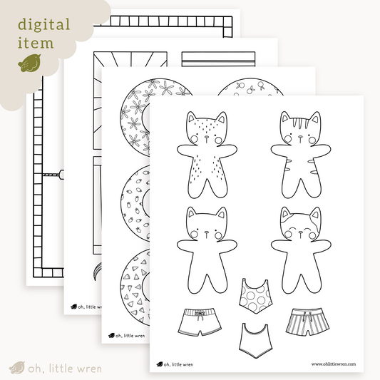 pages of a summer cat themed paper doll printable are shown. with the front page showing cats and bathing suits.