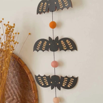 vertical bats wooden folk halloween garland, colorful floral