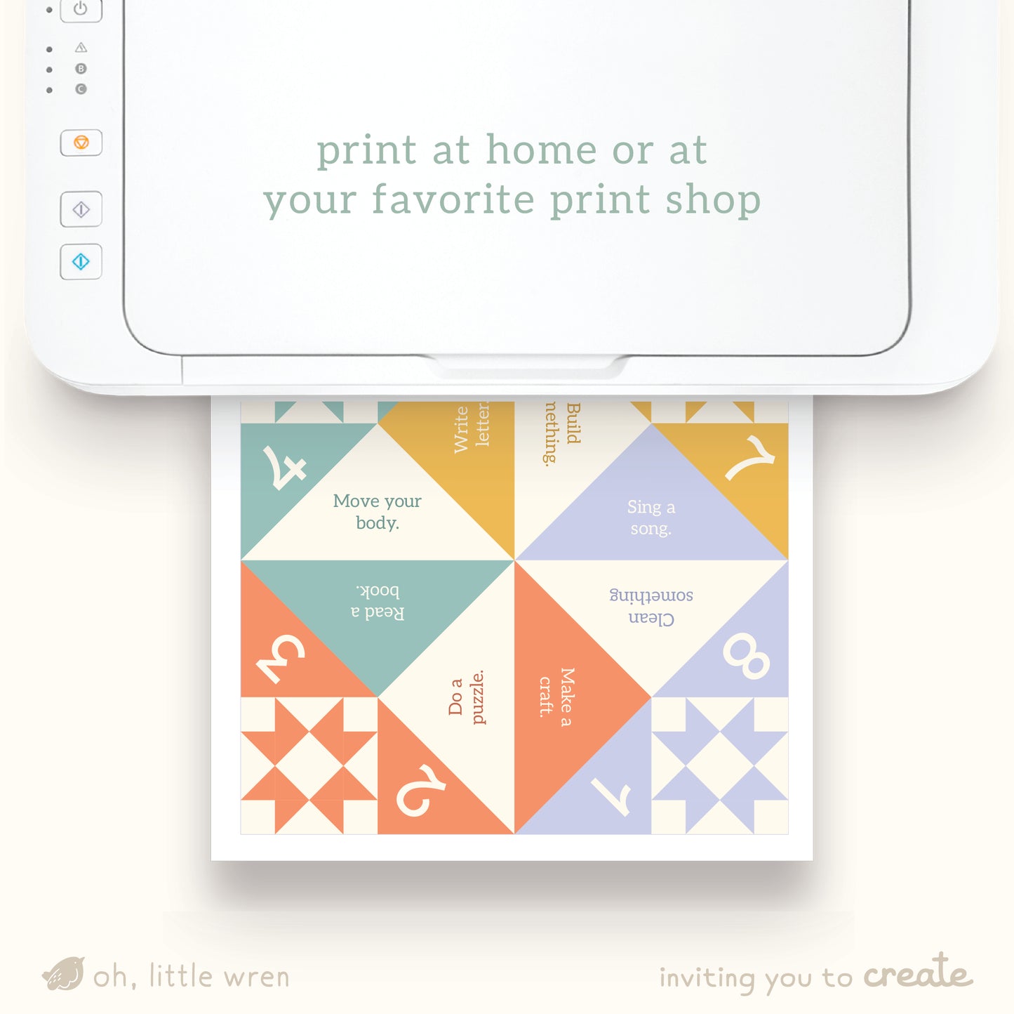 one page of a colorful fortune teller shown being printed with text that reads 'print at home or at your favorite print shop'